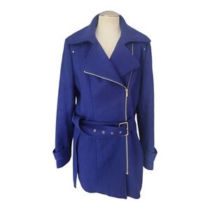 Kenneth Cole New York Wool Blend Moto Belted Coat Size 12 | Royal Blue